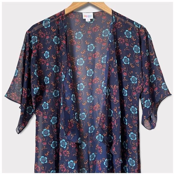 LuLaRoe Monroe Floral Print Sheer Fringe Long Kimono Duster Cardigan Sz S - Picture 4 of 8
